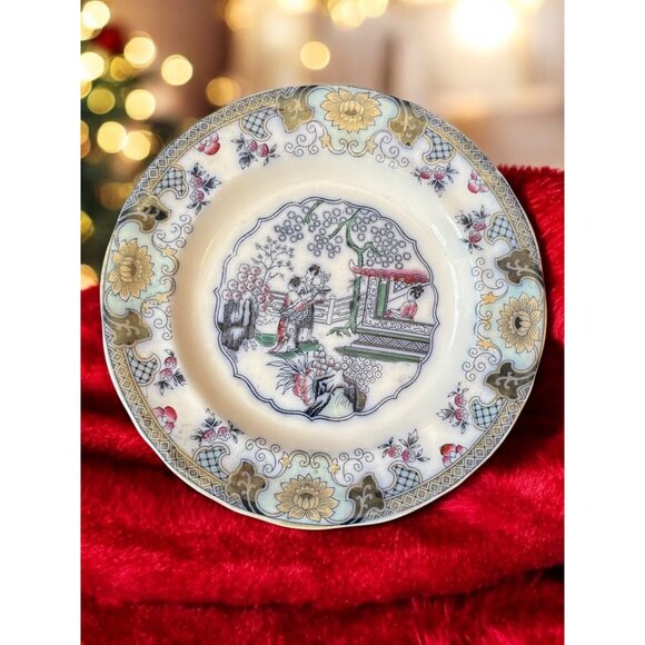 P. Regout & Co. Canton Porcelain 8.5" Plate Polychrome Chinese Tea House c.1860 - Picture 1 of 8